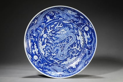 A Porcelain Blue and White Dragon Dish