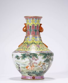 A Porcelain Famille-Rose Interlock Branches Animal and Poem Vase