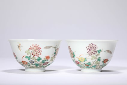 A Pair of Porcelain Famille-Rose Butterfly and Flower Bowls