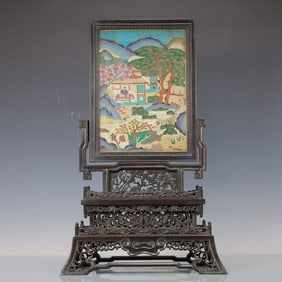 Red Sandalwood Inlaid Bronze Cloisonne Carved Landscape and Character Pattern Table Plaque
