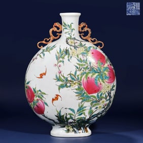 Famille Rose Peach and Bat Pattern Porcelain Double Dragon Ears Vase