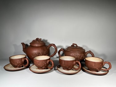 Group of Six Purple Clay Carved Flower Pattern Teapot