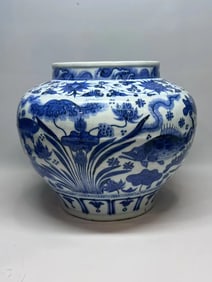 Blue and White Fish and Lotus Flower Pattern Porcelain Pot