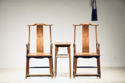 Group of Three Huanghuali Wood Carved Flower Pattern Chair and Square Table