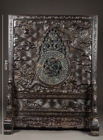 Red Sandalwood Inlaid Jasper Jade Carved Dragon Pattern Table Plaque