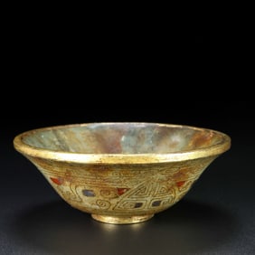 Jade Inlaid Solid Gold Carved Beast Face Pattern Bowl
