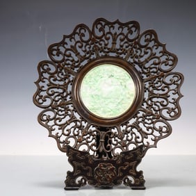 Red Sandalwood Inlaid Jadeite Carved Pine Tree and Deer Pattern Plate