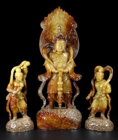 Group of Three Jade Carved Veda Figure