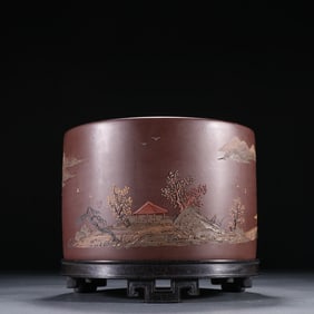 Purple Clay Colour Painted Landscape Pattern Brush Pot