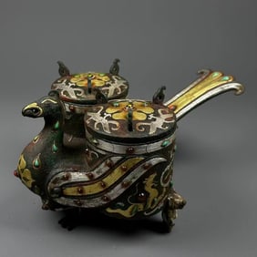 Chinese Bronze Gold and Silver Inlaid Carved Phoenix Pattern Phoenix Shape Cup