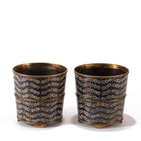 Pair of Bronze Cloisonne Carved Flower Pattern Flower Pot