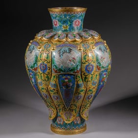Bronze Cloisonne Carved Flower and Crane Pattern Vase