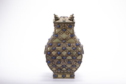 Bronze Gold and Silver Inlaid Gem Stone Carved Dragon Pattern Zun