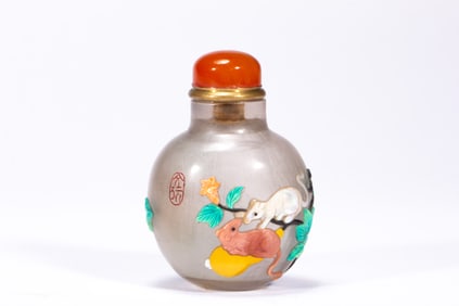 White Crystal Multi GemStone Inlaid Carved Mouse Pattern Snuff Bottle