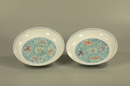Pair of Doucai Flower Pattern Porcelain Plate