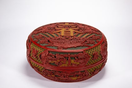 Lacquerware Red Carved Landscape and Character Story Pattern Lid Box