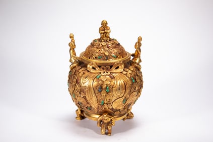 Gilt Bronze Carved Flower Pattern Double Ears Incense Burner