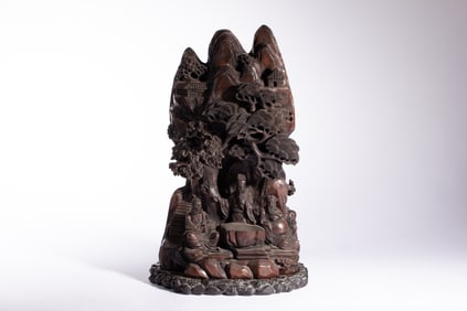 Agarwood Carved Pine Tree and Character Ornament