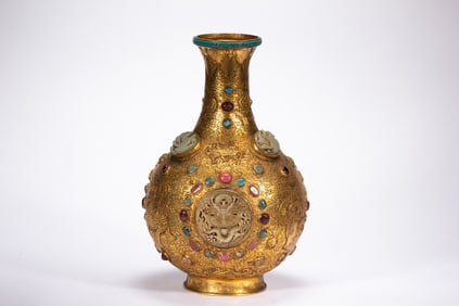 Gilt Bronze Inlaid Jade and Gem Stone Carved Dragon Pattern Vase