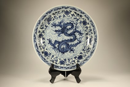 Blue and White Flower and Dragon Pattern Porcelain Plate