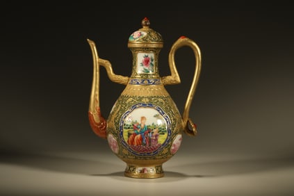 Bronze Enamel Blue Base Character Story Pattern Pot