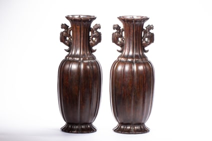 Pair of Agarwood Double Dragon Ears Vase