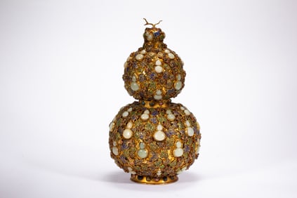 Gilt Bronze Inlaid Jade Carved Gourd Pattern Gourd Shape Vase