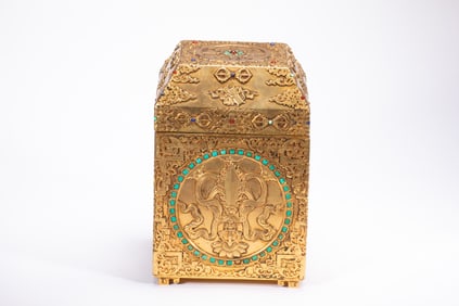 Gilt Bronze Inlaid Turquoise Carved Vajra Pattern Lid Box