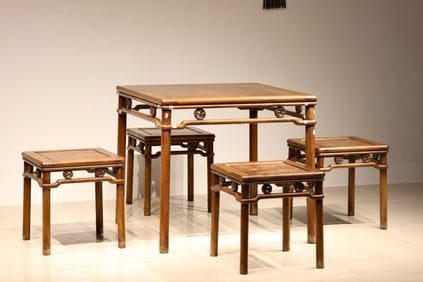 Group of Five Huanghuali Wood Carved Dragon Pattern Table and Chair