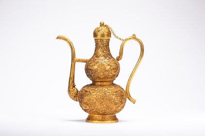 Gilt Bronze Carved Cloud and Dragon Pattern Gourd Shape Pot