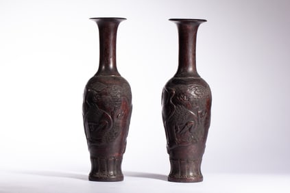 Pair of Agarwood Carved Flower and Bird Pattern Vase