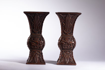 Pair of Agarwood Carved Dragon Pattern Flower Pot