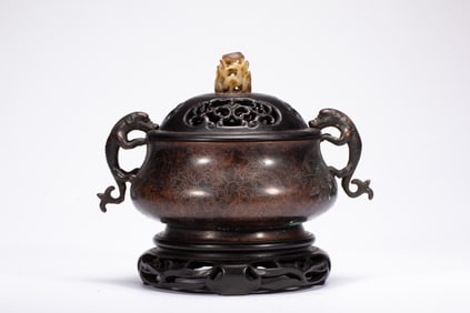 Bronze Silver Inlaid Carved Flower Pattern Double Dragon Ears Incense Burner