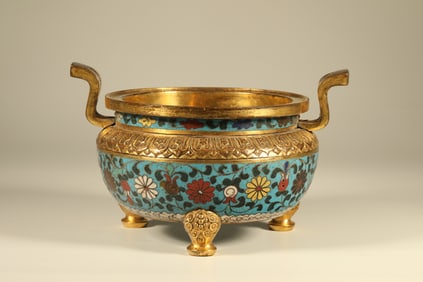 Bronze Cloisonne Carved Flower Pattern Double Ears Incense Burner