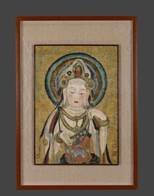 Chinese Drawing GuanYin Painting Wood Frame,Zhang Daqian Mark