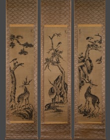 Group of Three Chinese Drawing Pine Tree and Deer Painting,Ba Dashanren Mark