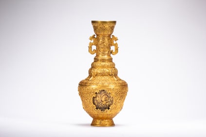 Gilt Bronze Carved Flower and Beast Face Pattern Double Dragon Ears Vase