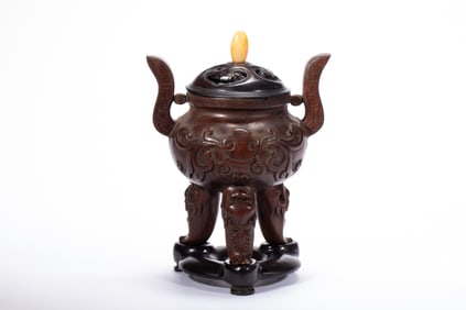 Bronze Carved Flower Pattern Double Ears Incense Burner