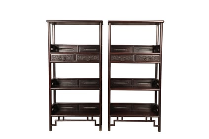 Pair of Red Sandalwood Carved Chi Dragon Pattern Book Shelf