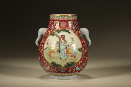 Famille Rose Character Story Pattern Porcelain Double Elephant Ears Zun