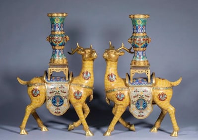 Pair of Bronze Cloisonne Carved Flower Pattern Deer Shape Figure