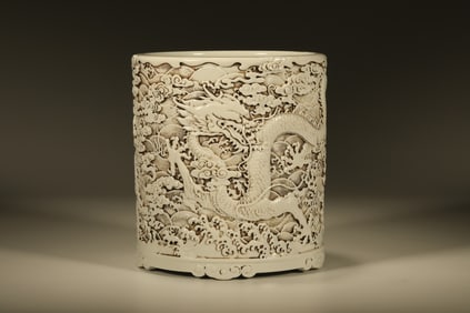White Glazed Carved Dragon Pattern Porcelain Brush Pot
