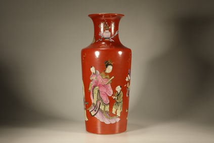 Red Glazed Famille Rose Character Story Pattern Porcelain Vase