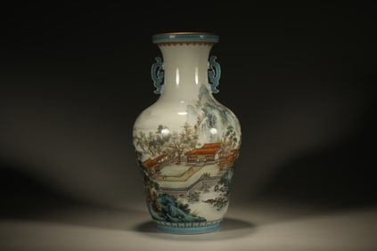 Famille Rose Landscape Pattern Porcelain Double Ears Vase