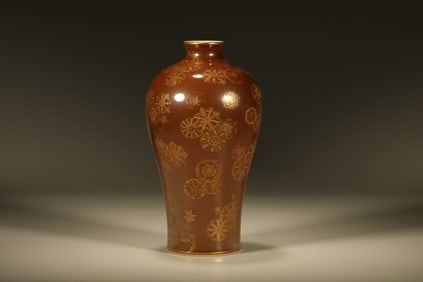 Brown Glazed Gold Drawing Flower Pattern Porcelain Vase