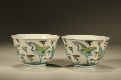 Pair of Doucai Cloud and Crane Pattern Porcelain Cup