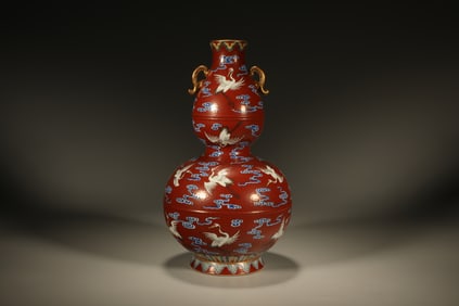 Famille Rose Cloud and Crane Pattern Porcelain Gourd Shape Vase