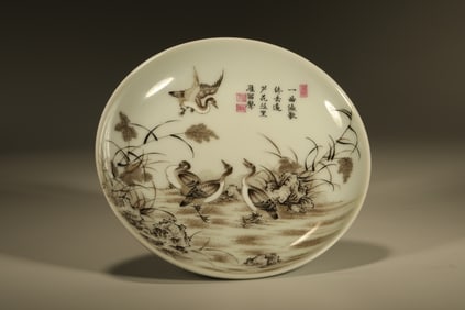 Ink Colored Goose and Poetry Pattern Porcelain Plate