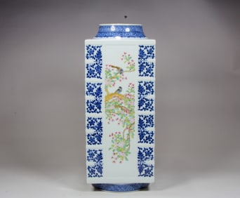 A BLUE AND WHITE 'BIRD AND FLORAL'CONG-FORM VASE