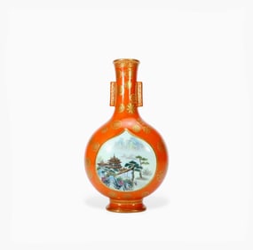 A QING QIANLONG MARK CORAL RED 'LANDSCAPE'VASE